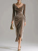 European and American Women's Casual Gold Velvet Sexy Long-Sleeve Slim Pleated Long Split Bodycon Dress