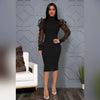 Elegant Women Floral Applique Mesh Long Sleeve Knit Ribbed Sweater Dress Autumn Winter Bodycon Dresses Vestidos