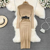 Elegant Turtleneck Long Sleeve Knit Soft Tight Pencil Dress with Belt Slim Warm Sweater Vestido Sexy Women Winter Robe