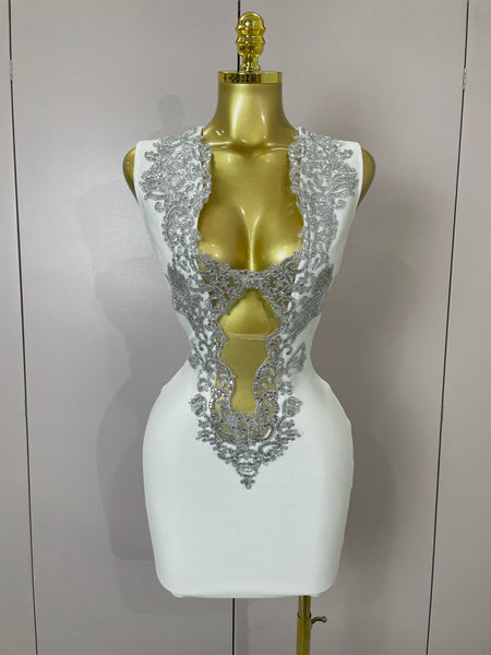 Sexy Silver Sequin White V Neck Cut Out Short Bandage Dress Women Elegant Birthday Party Club Wedding Vestidos