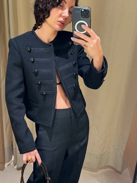 Chic Black Round Neck Napoleon Military Jacket Women Casual Full Sleeve Buttons Cropped Slim Coat Lady Daily Street Jackets