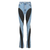 Women's Jeans Slim Deconstruct Panelled Patchwork High Waist Split Blue Long Denim Pants Spring 1DF2575