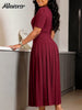 Women's Elegant Pleated Maxi Dress Burgundy O Neck Half Sleeve Fold Flowy A-Line Skirt for Church Weddings Formal Event
