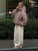 Women Deer Spotted Hooded Puffer Jacket Brown White Dots Drawstring Hood Cropped Elastic Cuff Coats Warm Winter Casual Outerwear