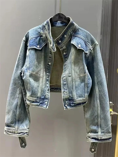 Vintage Short Denim Jacket Women Spring Autumn Lapel Jeans Jacket Coat Casual Female Outerwear Streetwear