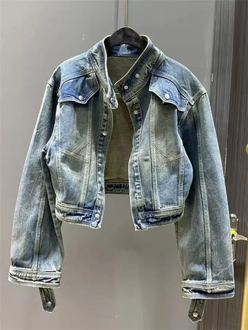 Vintage Short Denim Jacket Women Spring Autumn Lapel Jeans Jacket Coat Casual Female Outerwear Streetwear