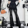 Goth Drak Elegant Flocking Print Long Pants 90s Grunge Mesh See Through Bodycon Flare Pant Mall Gothic Women Trousers