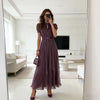 Elegant Chiffon Lace Trim Midi Dress Stand Collar Neck Puff Sleeve Cinched Waist Draped A Line Flowy Women's Casual Dresses