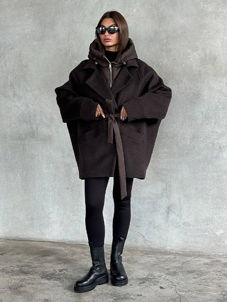 Dark Brown Hooded Hybrid Belted Jacket Oversize Long-Sleeve Spring Elegant Women Outerwear Office Casual Overcoat