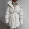 Winter Casual Lace-up Waisted Hooded Mid-Length Jacket For Women Solid Color Thickened Cotton Coat 1A1207