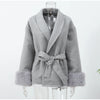 Women Grey Fur Splicing Woolen Coat Casual Belt Full Sleeve Lapel Loose Cardigan Outwear Lady Winter Highstreet Jacket