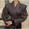 Woman Vintage Brown Lace Up Pu Leather Jacket Slim Fit Lapel Collar Long Sleeved Short Coats Fall Lady Chic Outfits