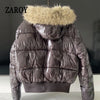 Faux Fur Hooded Cotton Puffer Jacket Women Winter Quilted Zipper Pocket Coat Y2K Retro Padded Parkas High Street Outerwear