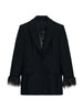 Women's Black Blazer Pants Set With Feather Cuffs Lapel Long Sleeve Button Jacket Wide Leg Pants Lady Chic Outfits