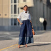 Women High Waist Patchwork Wide Leg Denim Trousers Jeans Retro Casual Elastic Waist High Street Pockets Loose Jeans