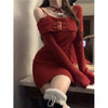 Y2K Knitted Mini Dress Women Streetwear Sexy Off Shoulder Sweater A Line Dresses Christmas Party Korean Bodycon Vestidos
