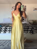 Solid Color Satin Bustier Women Maxi Dress Yellow Spaghetti Strap V Neck Waist-cinching Dresses Party Vestidos
