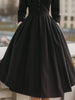 Women Black Stand Collar A-Line Dress Long Sleeves Buttoned High Waisted Pleated Elegant Cocktail Party Midi Dresses