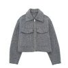 Women With Pockets Grey Front Zipper Jackets Vintage Lapel Neck Long Sleeves Female Chic Lady Outfits