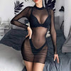 Women See Through Transparent Hollow Out Dress Mock Neck Female Sexy Bodycon Dress Club Partywear Slim Stretchy Mini Dresses