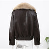Ladies Winter Retro Fur Collar Leather Jacket V‑Neck Full Lapel Long Sleeve Double Breasted Urban Warm Casual Outer