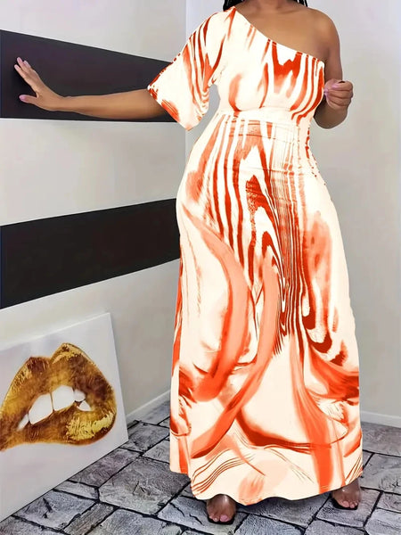 Plus size women's casual milk white printed single sleeved off shoulder dress long skirt