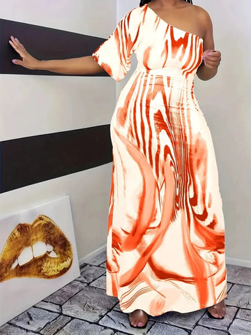 Plus size women's casual milk white printed single sleeved off shoulder dress long skirt