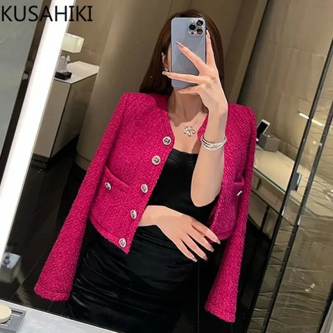 Kusahiki Tweed Autumn Single Breasted Weave Short Coat Women Elegant Jacket O-neck Long Sleeve Cardigan Tops