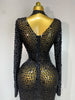 Sparkly Rhinstones Long Sleeve Elegant Party Dress Women Performance Stage Outfit Evening Birthday Prom Gown