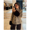 Women Deer Spot Print Faux Fur Cropped Jacket Stand Collar Dark Fur Cuff Button Up Short Coat Vintage Winter Street Outerwear