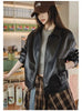 Women's Retro Black Leather Jacket Short Motorcycle Style Jackets with Metal Buttons Versatile Autumn and Spring Outerwear
