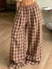 Women Vintage Aesthetic Casual Plaid Print Barrel Pants Drawstring Elastic Waist Loose Straight Pants with Pockets Streetwear