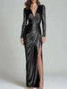 Shiny Bodycon Evening Dress Women Deep V‑Neck Long Sleeve Ruched Wrap High Slit Maxi Dress for Wedding Party Prom Gown