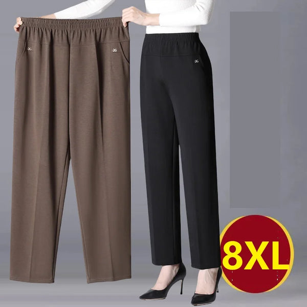 Spring Autumn Women Long Pants 2025New Elastic High Waist Casual Middle and Old Mom Pants Winter Plushed Warm Straight Pants 8XL