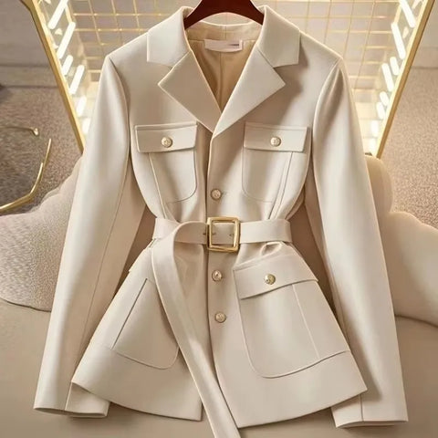 Women Blazer Coat Autumn Long Sleeve Single Breasted Belt Pocket Elegant Office Ladies Suit Jacket Lady Outerwear Tops