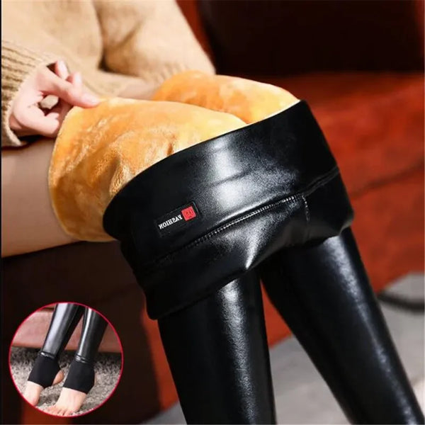 Warm and Thickened Leather Pants with Fur Lining High-Waisted PU Pants Women's Leggings for Autumn and Winter Wearable Outside