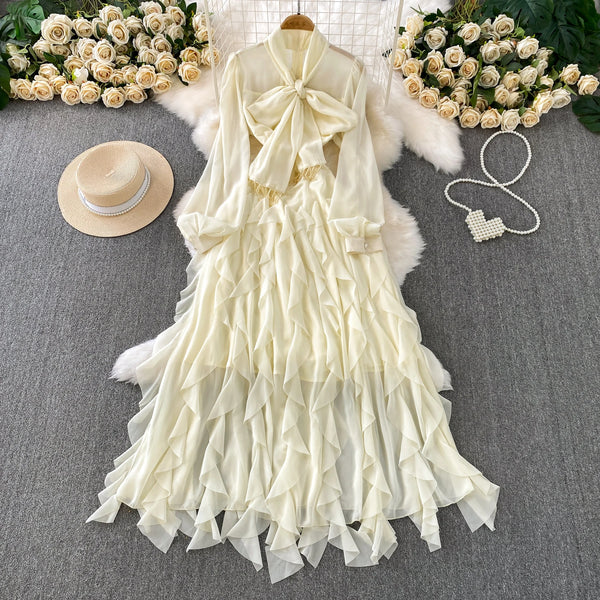 Retro Elegant V-neck ruffle lace-up pleated long sleeve A-line Casual High Waist Dress Women Autumn Dress
