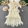 Retro Elegant V-neck ruffle lace-up pleated long sleeve A-line Casual High Waist Dress Women Autumn Dress