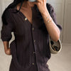 Brown V-Neck Knit Shirt Pants Set Women Solid Long Sleeve Top Empire Straight Loose Trousers Lady Spring Suit