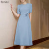 Elegant Chic Fabric Flower Womens Midi Dresses O-Neck Short Puff Sleeve Fitted Waist A-Line Dress S-3XL