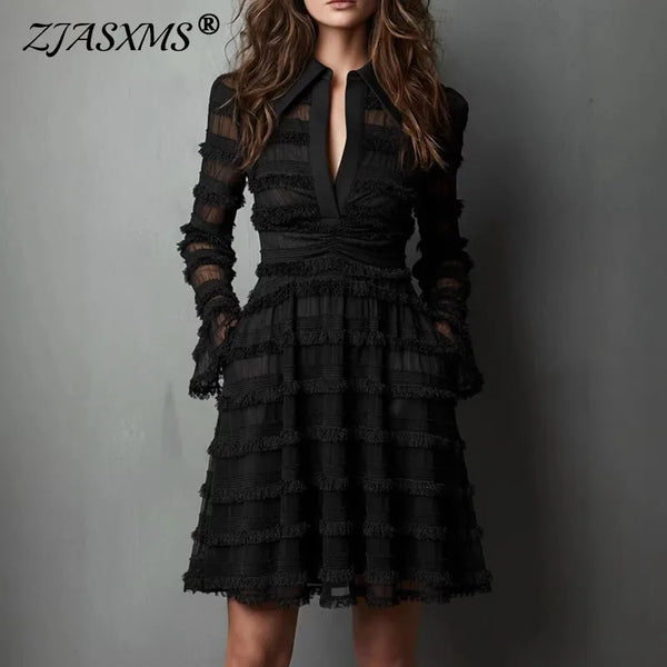 Sexy Sheer Mesh Fringe Trim Mini Dress Woman Spring V Neck Ruffles Pleated Party Dresses Autumn Long Sleeve Ruched Bodycon Dress