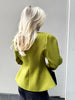 Women Elegant Peplum Blazer Olive Green Slim Fit Flared Hem Jacket Vintage Puff Sleeve Office Lady Coat
