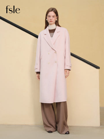 Women's Pure Wool Double Breasted Coat - Classic Mid-Length Winter Trench Warm Elegant Overcoat