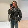 Army Green Multi-pockets Jacket For Women Hiking Long Sleeve Drawstring Waist Military Coats Lady Chic Street Outerwear