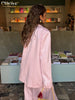 Loose Pink Satin Women's Two Pieces Set Elegant Long Sleeve Blazer With High Waist Maxi Skirt Set Female