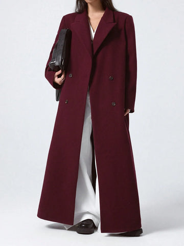 Wine-red Woolen Coat For Women, Long Autumn Slim-fit Overcoat, Hepburn-style Knee-length Wool Coat