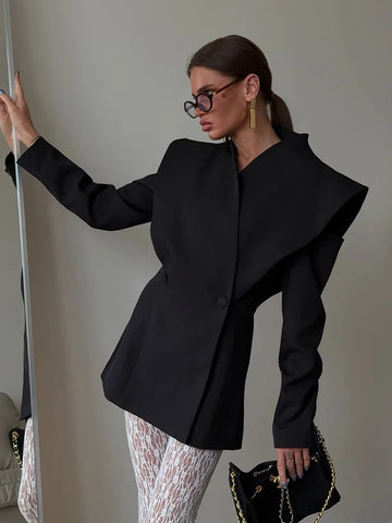 Elegant Hollow Out Black Suit Jacket Shoulder Pads Stand Collar Double Breasted Coat Spring Lady Commute Outwear