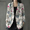 Women Cotton Blazer Vintage Lapel Neck Long Sleeve Thin Coats Autumn Elegant Work Suit Retro Floral Printed Loose Outwear