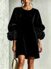 Fall Winter Women Korean Velvet Dress, Long Sleeve Dress with 3D Stereo Floral Cuffs for Party Daily