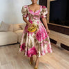 Women's Floral Print Plus Size Midi Dress Sweetheart Neck Puff Sleeve A-Line Elegant Party Cocktail Vitnage Evening Dresses